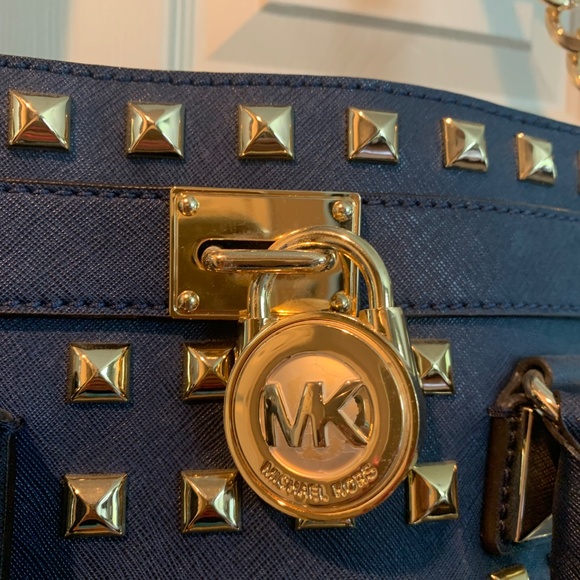 Michael Kors Navy Blue Hamilton Studded Leather Large Tote Handbag - Picture 2 of 12